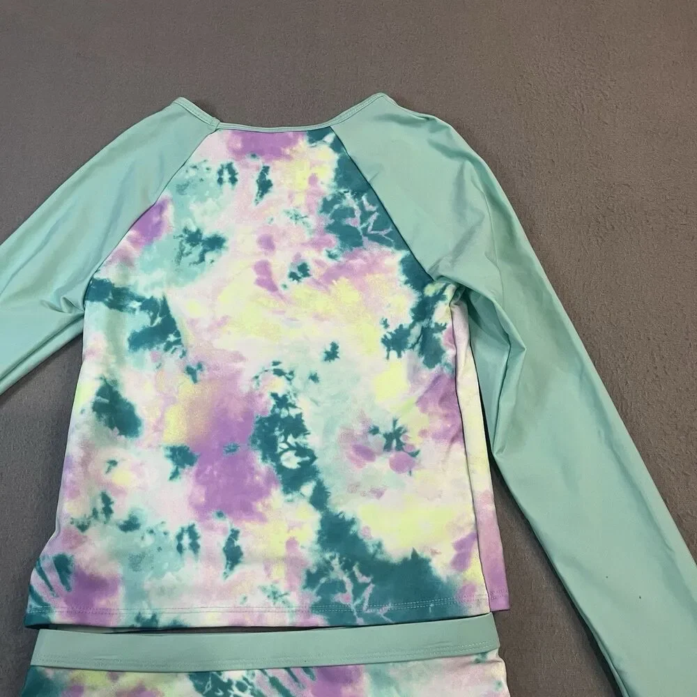 Justice Girls Tie Dye Green Purple Rashguard 2PC Swimsuit Youth Size L 12/14